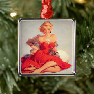 Pin Up Girl Red Dress en Roos Metalen Ornament