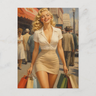 Pin-Up Girl uit de Jaren 50 Winkelt in de Stad Briefkaart