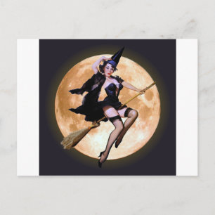 Pin-up heks tegen een oogst maan briefkaart