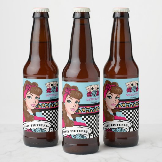 Pin-up Meisje, Geruit & Luipaard Bier Etiket (Flessen)