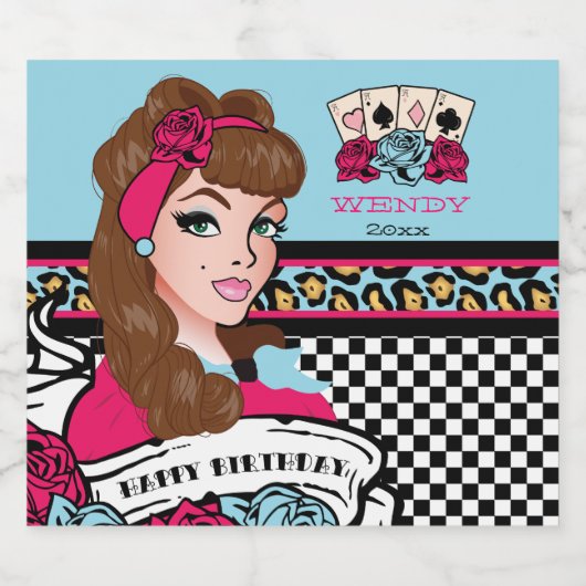 Pin-up Meisje, Geruit & Luipaard Bier Etiket (Enkel label)