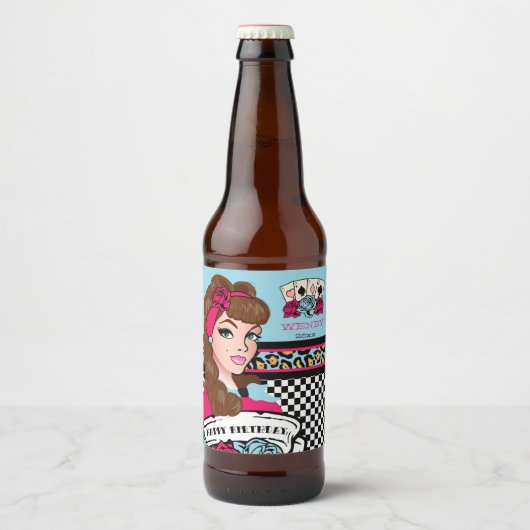 Pin-up Meisje, Geruit & Luipaard Bier Etiket (Voorkant)