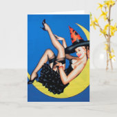 Pin-up meisje heks op de maan Halloween Kaart (Gele Bloem)