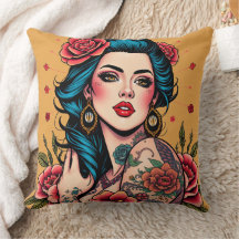 Pin-up meisje met blauwe haren en rozen
