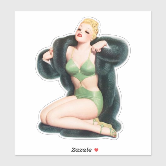  Pin-up Meisje met Bontjas Illustratie Kunst Sticker (Vel)