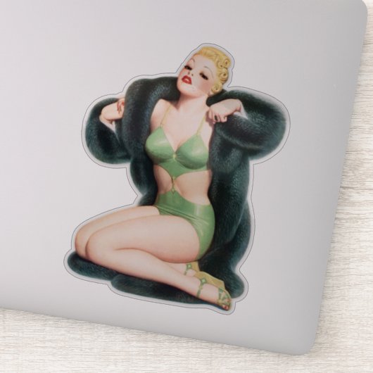  Pin-up Meisje met Bontjas Illustratie Kunst Sticker (Detail)