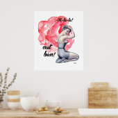 Pin-Up Meisje met Floral Achtergrond Poster (Keuken)