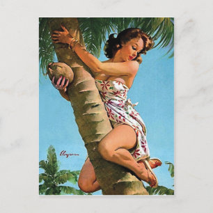 Pin-up meisje met kokosnoot boven in palmboom vint briefkaart