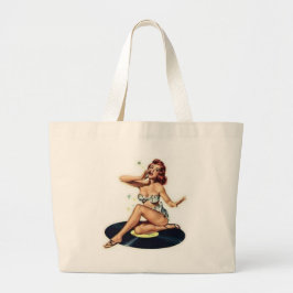 Pin-up-meisje op record grote tote bag