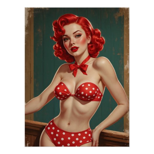 Pin-Up met rood haar en erwtenbikini Perfect Poster (Voorkant)