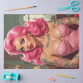 Pin-Up met Roze Haar & Tattoos Decoupage Tissuepapier (Craft)