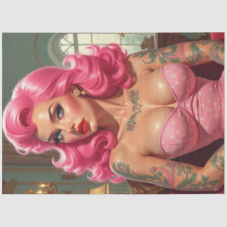 Pin-Up met Roze Haar & Tattoos Decoupage Tissuepapier