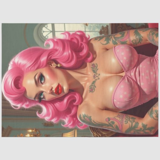 Pin-Up met Roze Haar & Tattoos Decoupage Tissuepapier (Voorkant)
