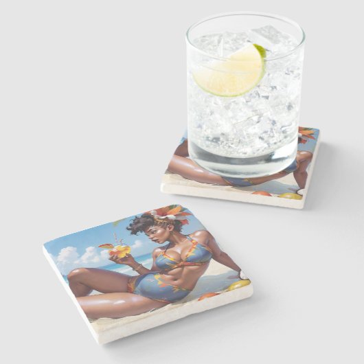 Pin-up op het strand stenen onderzetter (Zijkant)