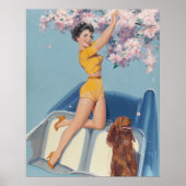 Pin-up Poseren in de auto met hond Poster (Voorkant)