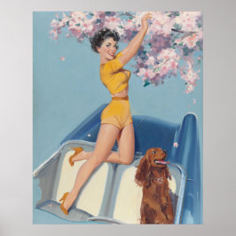 Pin-up Poseren in de auto met hond Poster
