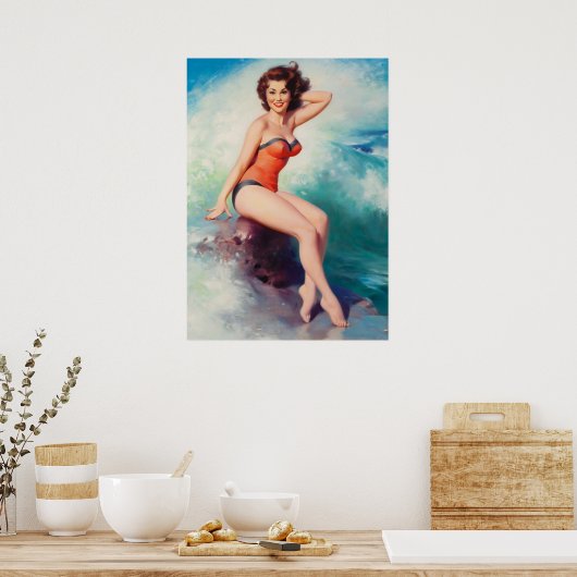 Pin-Up Poseren Naast het Surf Kunst Poster (Keuken)