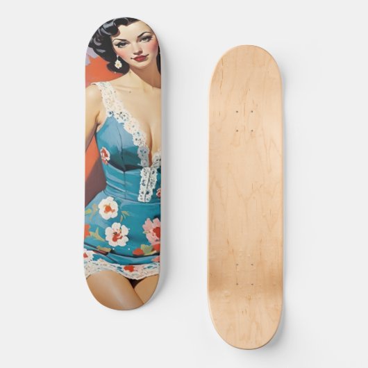 Pin Up Style Vrouw in Blauwe Bloemen Persoonlijk Skateboard (Voorkant)