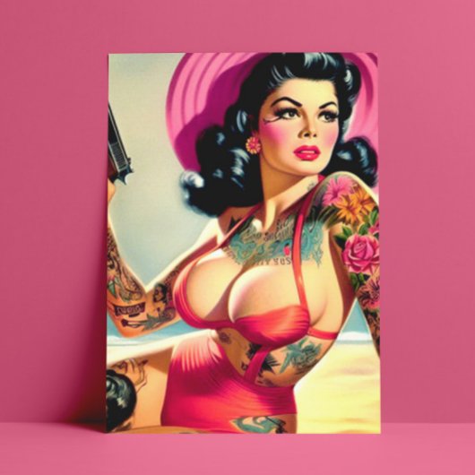 Pin-up voor getatoeëerd strand briefkaart