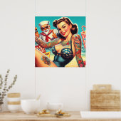 Pin-up voor getatoeëerd strand poster (Keuken)