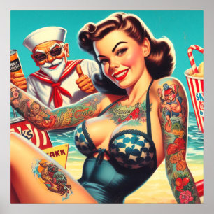 Pin-up voor getatoeëerd strand poster
