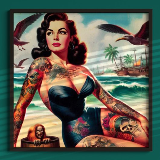 Pin-up voor getatoeëerd strand poster
