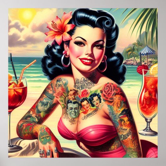 Pin-up voor getatoeëerd strand poster (Voorkant)
