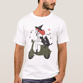 Pin up Witch Riding Scooter Halloween Black Cat Pi T-shirt