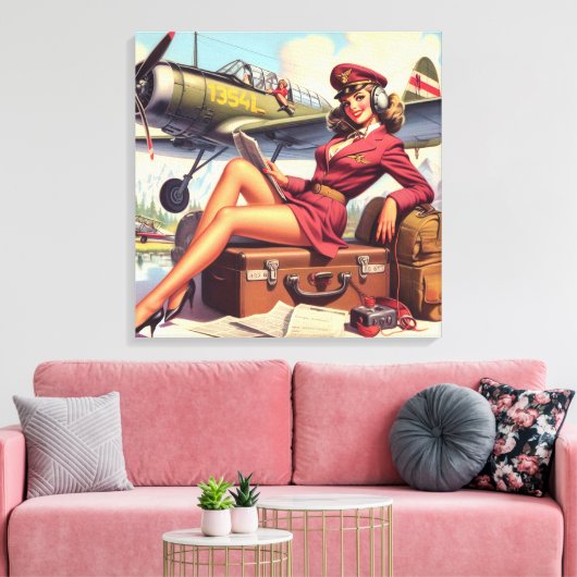 Pin-upillustratie van het vliegtuig Canvas Afdruk (Insitu (Woonkamer))