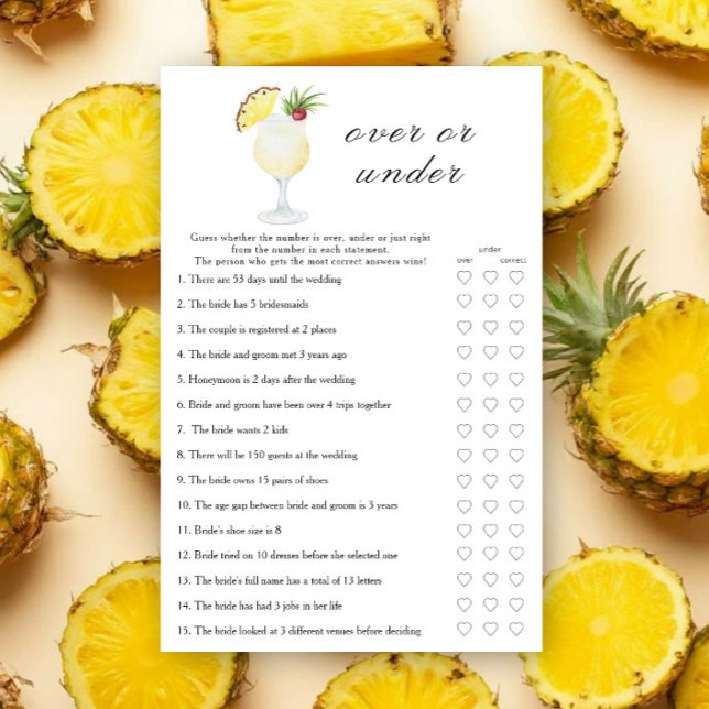 Pina Colada Bridal shower - Over or under game (Creator heeft geüpload)