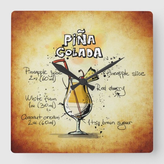 Pina Colada Drink Recipe Wall Clock Vierkante Klok (Voorkant)
