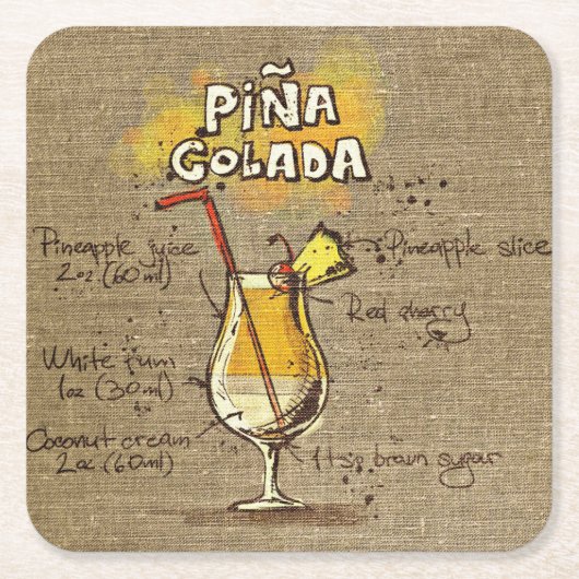 Pina Colada Recipe Bar Burlap Kartonnen Onderzetters (Voorkant)