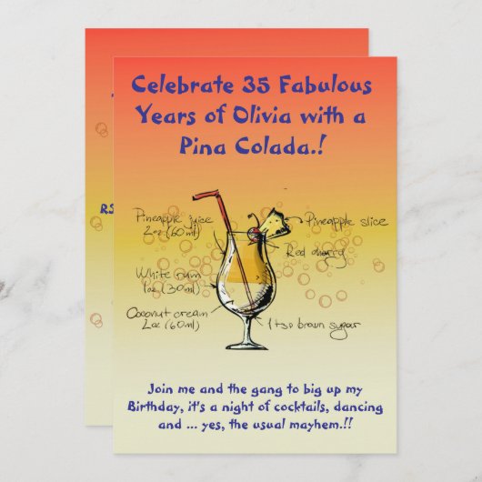 Pina Colada verjaardagsfeestje uitnodiging (Voorkant / Achterkant)