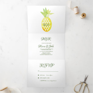 Pina Waterverf Ananas Fruit Tropisch Bruiloft Drieluik Uitnodiging