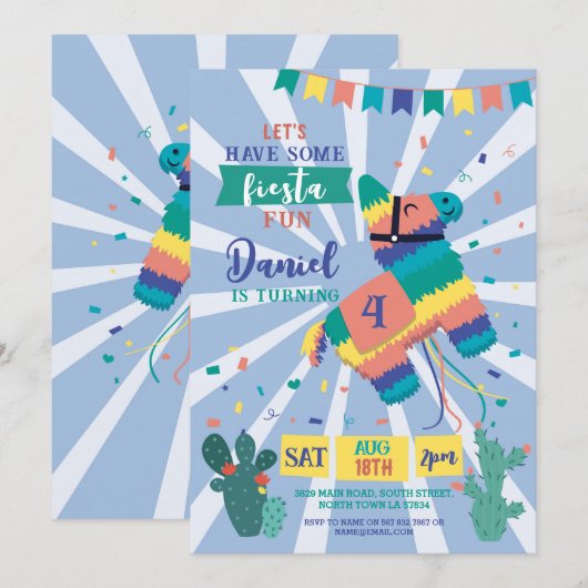 Piñata Verjaardagsfeestje Blauw Fiesta Kinder Mexi Kaart (Voorkant / Achterkant)