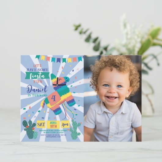 Piñata Verjaardagsfeestje Blauwe Fiesta Mexicaanse Kaart (Staand voorkant)