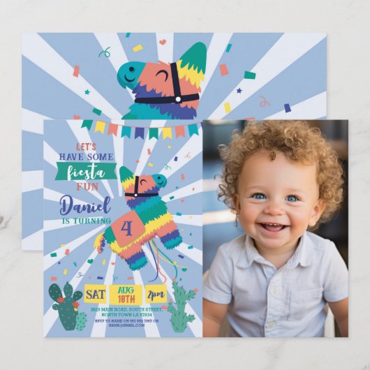 Piñata Verjaardagsfeestje Blauwe Fiesta Mexicaanse Kaart (Voorkant / Achterkant)