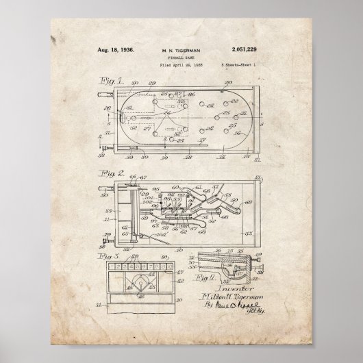 Pinball Game Patent - Oude look Poster (Voorkant)