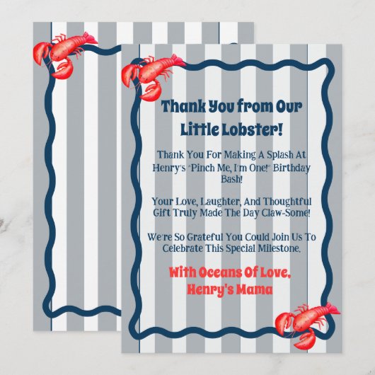 Pinch Me, I'm One lobster 1st Birthday Bedankkaart (Voorkant / Achterkant)