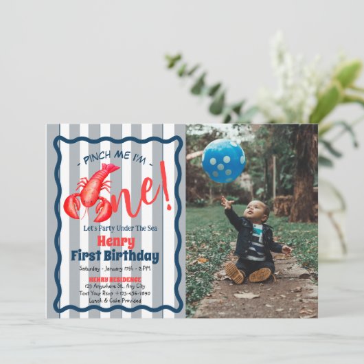 Pinch Me, I'm One Lobster Boy 1st Birthday Party Kaart (Staand voorkant)
