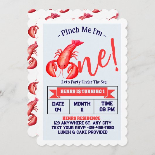 Pinch Me, I'm One Lobster Boy 1st Birthday Party Kaart (Voorkant / Achterkant)