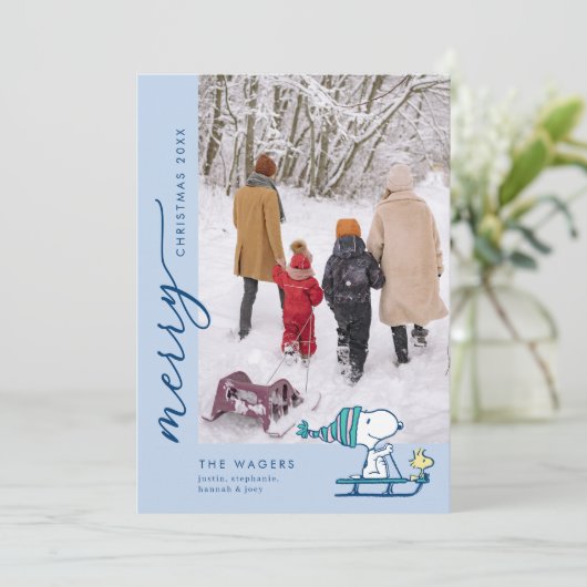 Pindarots Snoopy & Woodstock Sleden Feestdagenkaart (Staand voorkant)