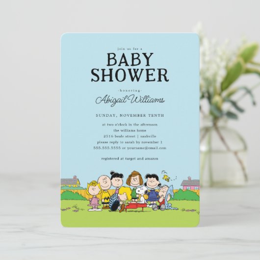 pinda's | Charlie Brown en Gang Baby shower Kaart (Staand voorkant)