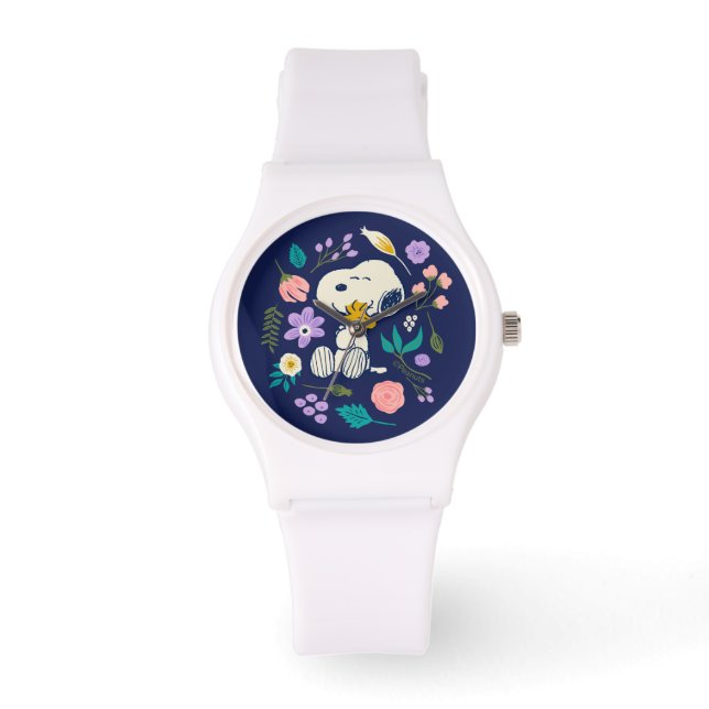 Pinda's in bloei | Snoopy & Woodstock Bloemknuffel Horloge (Voorkant)