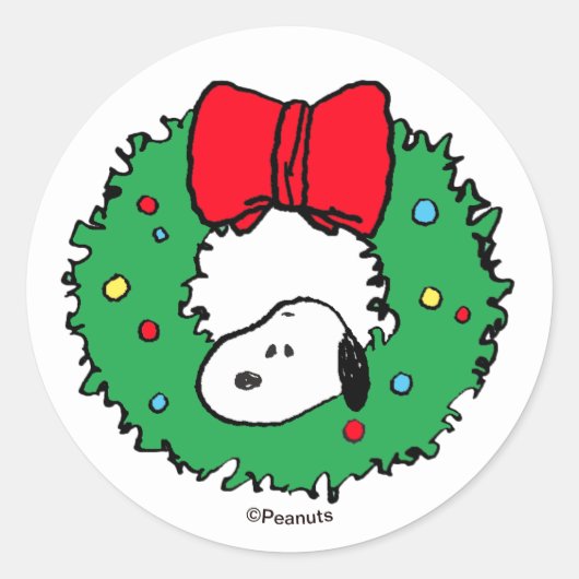 Pinda's | Kerstkrans en strik van Snoopy Ronde Sticker (Voorkant)