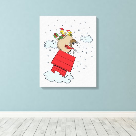 pinda's | Snoopy de vliegende aas met kerst Canvas Afdruk (Insitu (Houten vloer))