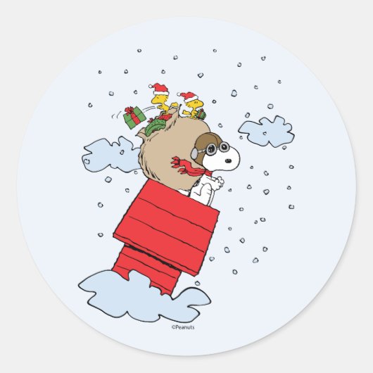 pinda's | Snoopy de vliegende aas met kerst Ronde Sticker (Voorkant)