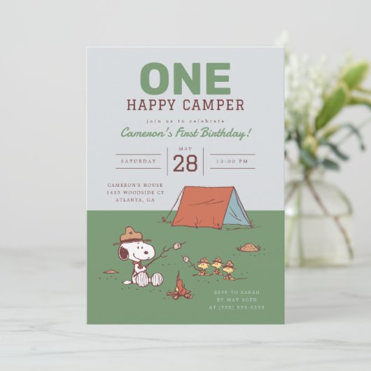 Pinda's - Snoopy | Een gelukkige camper verjaardag Kaart (Staand voorkant)