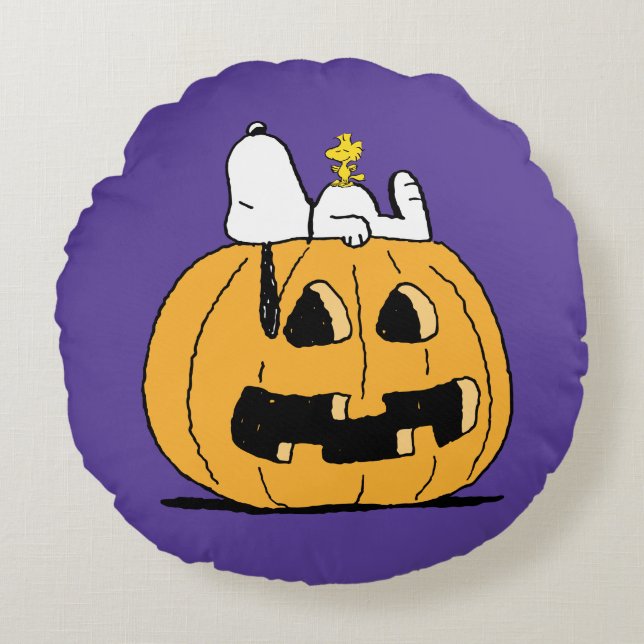 pinda's | Snoopy en Woodstock Jack-O-Lantern Rond Kussen (Voorkant)