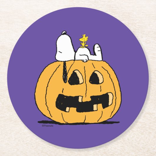 pinda's | Snoopy en Woodstock Jack-O-Lantern Ronde Kartonnen Onderzetter (Voorkant)